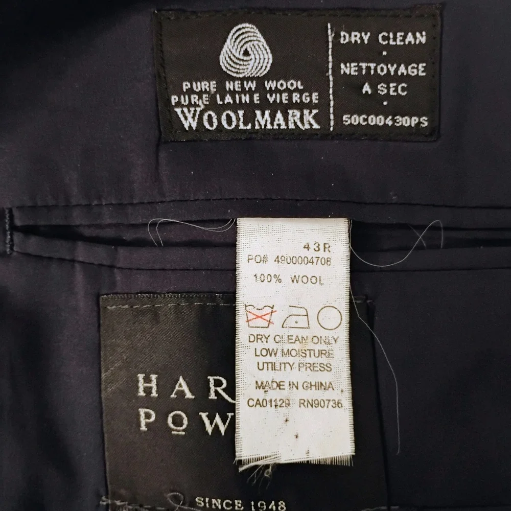 Harold Powell Mens 43R Navy Blue 100% Wool Blazer Gold Crest Buttons Single Vent